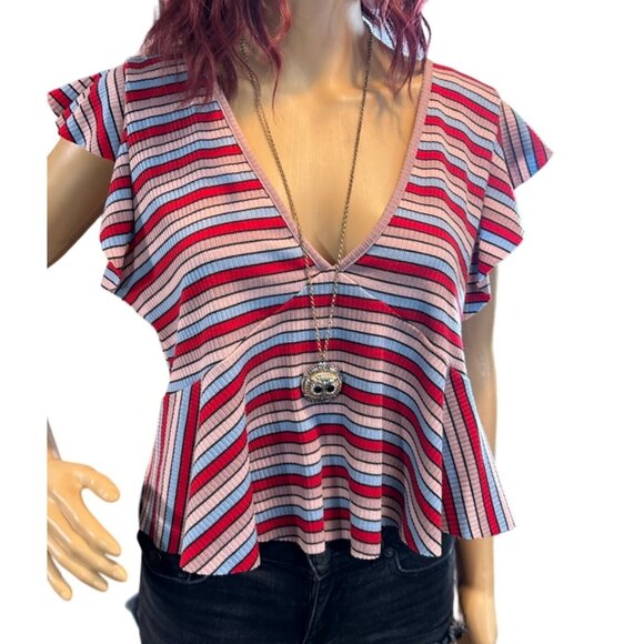 Wild Fable Womens Flutter Sleeve Peplum Cropped Top Large Stripe Y2K Boho Retro - Picture 1 of 4